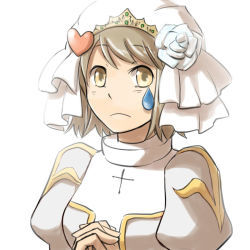 Rule 34 | 1girl, alternate color, breasts, bridal veil, brown eyes, brown hair, closed mouth, commentary request, cross, dress, flower, grey dress, heart, high priest (ragnarok online), interlocked fingers, juliet sleeves, long sleeves, looking at viewer, medium breasts, natsuya (kuttuki), own hands together, puffy sleeves, ragnarok online, short hair, simple background, solo, teardrop, two-tone dress, upper body, veil, white background, white dress, white flower