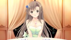 Rule 34 | 1girl, bare shoulders, black eyes, blush, breasts squeezed together, breasts, brown hair, cleavage, curtains, dress, fork, fusataka shikibu, game cg, highres, huge breasts, long hair, looking at viewer, smile, table, tsugou no ii kazoku