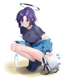 Rule 34 | 1girl, bare legs, beruko14, black shirt, blue archive, blue eyes, blue footwear, blue jacket, bottle, breasts, commentary, facial mark, grin, half updo, halo, heart, highres, jacket, long sleeves, looking at viewer, medium breasts, off shoulder, purple hair, robot, shirt, shoes, simple background, smile, solo, squatting, thighs, water bottle, white background, yuuka (blue archive), yuuka (track) (blue archive)