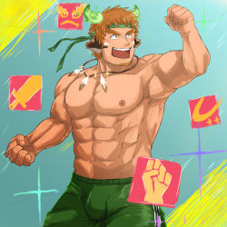 Rule 34 | 1boy, :d, abs, alternate costume, animal ears, bara, biceps, blush, brown hair, bulge, cow boy, cow ears, cow horns, facial hair, feather necklace, fiery horns, forked eyebrows, glowing horns, goatee, green headband, green pants, headband, highres, horns, large pectorals, male focus, muscular, muscular male, nipples, open mouth, pants, pectorals, short hair, smile, solo, spiked hair, stomach, tatatan (ts kon2), thick eyebrows, thick thighs, thighs, tokyo houkago summoners, topless male, track pants, wakan tanka