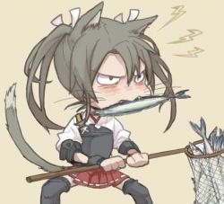 Rule 34 | 10s, 1girl, angry, animal ears, bad id, bad twitter id, black thighhighs, blush, cat ears, cat tail, fangs, fish, fish in mouth, fishing net, food in mouth, hand net, kantai collection, kemonomimi mode, net, ree (re-19), sardine, saury, skirt, sleeves rolled up, solo, tail, thighhighs, twintails, whiskers, zuikaku (kancolle)