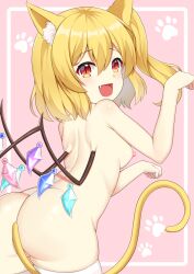 Rule 34 | 1girl, :d, akasaka sato, animal ear fluff, animal ears, armpit crease, ass, back, bare arms, bare back, blonde hair, blush, breasts, cat ears, cat girl, cat tail, commentary, cowboy shot, crystal, fang, flandre scarlet, from behind, hair between eyes, hands up, happy, highres, kemonomimi mode, looking at viewer, looking back, medium hair, nipples, no headwear, nude, one side up, open mouth, paid reward available, paw pose, paw print, pink background, red eyes, sideboob, simple background, skindentation, slit pupils, small breasts, smile, solo, tail, tail censor, thighhighs, touhou, white thighhighs, wings