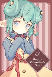 Rule 34 | 1girl, blue eyes, blue sweater, box, closed mouth, double bun, dress, green hair, hair bun, happy valentine, heart-shaped box, highres, horns, jazz grace, lidelle (puyopuyo), pointy ears, pout, puyopuyo, puyopuyo fever, ribbed sweater, sleeves past fingers, sleeves past wrists, solo, striped, striped background, sweater, yellow dress, yellow horns