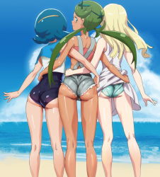 Rule 34 | 3girls, ass, bad id, bad pixiv id, bare arms, bare shoulders, bikini, bikini bottom only, bikini under clothes, blonde hair, blouse, blue bikini, blue hair, blue one-piece swimsuit, blue sky, closed mouth, clothes lift, cloud, creatures (company), dark-skinned female, dark skin, day, dress, dress lift, female focus, from behind, game freak, green hair, green panties, hairband, lana (pokemon), lifting another&#039;s clothes, lillie (pokemon), long hair, looking at viewer, looking back, mallow (pokemon), multiple girls, nintendo, one-piece swimsuit, ontaros, outdoors, overalls, panties, pokemon, pokemon (anime), pokemon sm, pokemon sm (anime), profile, shiny clothes, shiny skin, shirt, sky, sleeveless, sleeveless shirt, smile, standing, strapless, swimsuit, swimsuit under clothes, tube top, twintails, underwear, water, white dress, white shirt