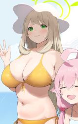 Rule 34 | 2girls, ahoge, bikini, blonde hair, blue archive, breasts, cleavage, closed mouth, closed eyes, front-tie top, green eyes, halo, hat, highres, hoshino (blue archive), hoshino (swimsuit) (blue archive), huge breasts, large breasts, light brown hair, long hair, looking at viewer, multiple girls, navel, nekoshoko, nonomi (blue archive), nonomi (swimsuit) (blue archive), ocean, open mouth, pink hair, plump, sky, smile, sun hat, swimsuit, w, yellow bikini
