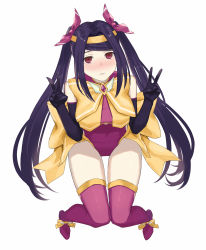 Rule 34 | 1girl, asakiri koko, black gloves, blush, bow, breasts, cosplay, elbow gloves, girls&#039; frontline, gloves, highres, huge bow, jill stingray, long hair, magical girl, medium breasts, model warrior julianne, model warrior julianne (cosplay), nose blush, purple hair, purple thighhighs, red eyes, sidelocks, solo, thighhighs, twintails, va-11 hall-a, very long hair, yellow bow