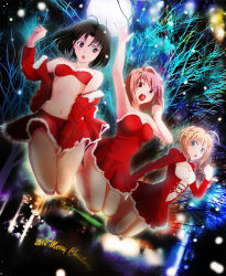 Rule 34 | 00s, 3girls, ahoge, alternate costume, arcueid brunestud, artoria pendragon (all), artoria pendragon (fate), bare legs, bare shoulders, black hair, blonde hair, bra, breasts, christmas, cleavage, company connection, covering privates, covering crotch, crossover, dress, dutch angle, fate/stay night, fate (series), fe (12141978), hair bun, hair intakes, jumping, kara no kyoukai, lace-up, large breasts, legs together, miniskirt, multiple girls, pink hair, red dress, red eyes, ryougi shiki, saber (fate), short hair, single hair bun, skirt, strapless, strapless bra, strapless dress, tsukihime, type-moon, underwear