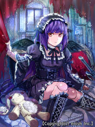Rule 34 | 1girl, bad id, bad pixiv id, boots, character request, company name, crown, doll joints, dragon tactics, hairband, ichinose777, joints, lolita hairband, long hair, looking at viewer, official art, purple hair, red eyes, sitting, solo, stuffed animal, stuffed rabbit, stuffed toy, stuffing, sword, weapon, wings