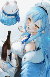 Rule 34 | 1girl, ahoge, aqua nails, blue coat, blue hair, blush, boots, bottle, breasts, cleavage cutout, clothing cutout, coat, dress, fur-trimmed boots, fur-trimmed coat, fur trim, gotou (nekocat), half updo, halterneck, hat, highres, hololive, long hair, looking at viewer, nail polish, off shoulder, open mouth, pointy ears, sake bottle, shirt, signature, skirt, smile, solo, stuffed animal, stuffed toy, teddy bear, thighhighs, virtual youtuber, white hat, white shirt, white skirt, white thighhighs, yellow eyes, yukihana lamy