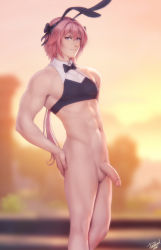 Rule 34 | 1boy, abs, alternate hairstyle, alternate pectoral size, animal ears, artist name, astolfo (fate), astolfo (saber) (fate), bare arms, black bow, black bowtie, black hairband, blurry, blurry background, bottomless, bow, bowtie, closed mouth, commentary, covered erect nipples, crop top, english commentary, fake animal ears, fate/grand order, fate (series), feet out of frame, hair between eyes, hair intakes, hairband, hand on own hip, highres, looking at viewer, male focus, muscular, muscular male, navel, penis, personal ami, pink hair, purple eyes, rabbit ears, shirt, short hair with long locks, signature, sleeveless, sleeveless shirt, smirk, solo, standing, testicles, trap, uncensored, urethra, veins, veiny penis, watermark