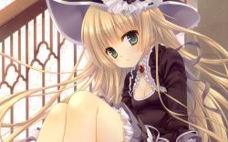 Rule 34 | 1girl, blonde hair, boots, breasts, cleavage, flat chest, frills, gosick, green eyes, hat, highres, lolita fashion, long hair, looking at viewer, small breasts, solo, tatekawa mako, victorica de blois, wallpaper