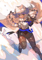 Rule 34 | 1girl, absurdres, animal ears, armored boots, bad id, bad pixiv id, blue bow, blue eyes, blue ribbon, blush, boots, bow, breasts, brown pantyhose, buttons, cape, capelet, cat ears, cat girl, crop top, crop top overhang, dobrynya nikitich (fate), dobrynya nikitich (first ascension) (fate), dress, fate/grand order, fate (series), fur-trimmed capelet, fur-trimmed headwear, fur trim, gauntlets, grey dress, hair bow, hat, highres, knee boots, large breasts, long hair, long sleeves, looking at viewer, low ponytail, mace, pantyhose, ribbon, shieriru, short dress, smile, snow, solo, weapon, white cape, white capelet, white hair, white hat