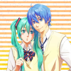 Rule 34 | 1boy, 1girl, bad id, bad pixiv id, blue eyes, blue hair, bow, bowtie, green eyes, green hair, hatsune miku, kaito (vocaloid), long hair, necktie, smile, soraharu, striped, striped background, sweater vest, twintails, very long hair, vocaloid