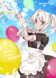 Rule 34 | 1girl, apron, balloon, bandaged arm, bandages, black dress, blush, closed mouth, confetti, cowboy shot, dress, frilled apron, frills, highres, holding, long hair, looking at viewer, maid, maid apron, original, pale skin, party popper, patchwork skin, puffy short sleeves, puffy sleeves, red eyes, short sleeves, smile, solo, standing, stitches, streamers, super zombie, twitter username, two side up, white apron, white hair, wrist cuffs, zombie