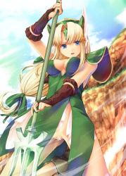 Rule 34 | 1girl, armor, blonde hair, blue eyes, breasts, brown gloves, censored, cleavage, cloud, cloudy sky, day, dress, fingerless gloves, forehead jewel, gloves, green dress, hair ribbon, helmet, highleg, holding, holding weapon, kirishima satoshi, legs apart, long hair, looking at viewer, medium breasts, no panties, open mouth, outdoors, parted bangs, parted lips, pauldrons, pelvic curtain, polearm, ribbon, riesz, seiken densetsu, seiken densetsu 3, shoulder armor, sidelocks, sky, solo, trident, very long hair, weapon, winged helmet