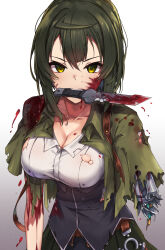 Rule 34 | 1girl, amputee, blood, blood on breasts, blood on clothes, blood on face, bloody knife, bloody weapon, breasts, cleavage, collarbone, fang, gradient background, green hair, green jacket, hasumushi, highres, jacket, knife, large breasts, looking at viewer, mouth hold, original, prosthesis, prosthetic arm, shirt, short hair, solo, teeth, torn clothes, torn jacket, torn shirt, upper body, upper teeth only, v-shaped eyebrows, weapon, white background, white shirt, yellow eyes