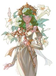 Rule 34 | 1girl, bare shoulders, breasts, closed mouth, cowboy shot, crown, dress, drill hair, fire emblem, fire emblem: three houses, flayn (fire emblem), flower, green eyes, green hair, highres, holding, holding wand, juliet sleeves, light blush, lily (flower), long hair, long sleeves, looking at viewer, medium breasts, negi (fufufuyu), nintendo, off-shoulder dress, off shoulder, puffy sleeves, solo, twitter username, wand, white background, white dress, white flower