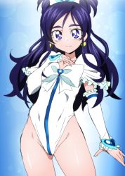 Rule 34 | 1girl, absurdres, cure white, earrings, futari wa precure, hand on own chest, heart, heart earrings, highres, jewelry, leotard, oimanji, one-piece swimsuit, precure, purple eyes, smile, swimsuit, thighs, white one-piece swimsuit, yukishiro honoka