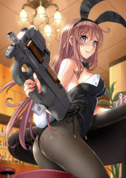 Rule 34 | 1girl, animal ears, black bow, black bowtie, black leotard, black pantyhose, blue eyes, blurry, blurry background, bow, bowtie, breasts, brown hair, bullpup, casino, closed mouth, collar, commentary request, depth of field, detached collar, fake animal ears, fake tail, from side, gun, holding, holding gun, holding weapon, horizontal magazine, indoors, katahira masashi, leotard, long sleeves, looking at viewer, looking back, medium breasts, original, p90, pantyhose, personal defense weapon, playboy bunny, poker chip, poker table, rabbit ears, rabbit tail, see-through, side-tie leotard, smile, solo, standing, stool, strapless, strapless leotard, submachine gun, table, tail, translucent, weapon, white collar, wing collar, wrist cuffs