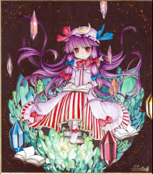 Rule 34 | 1girl, :o, book, bow, crescent, crescent moon, crystal, female focus, floating, floating object, hair bow, long hair, moon, mosho, open book, patchouli knowledge, purple hair, red eyes, robe, shikishi, signature, socks, solo, striped, touhou, traditional media, very long hair, water, white socks