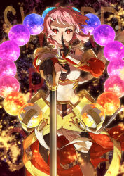 Rule 34 | 1girl, absurdres, armor, armored dress, breastplate, gold armor, hair ornament, hairclip, highres, holding, holding mace, holding weapon, lisbeth (sao), looking at viewer, mace, oboro neko, red armor, red eyes, red hair, short hair, shoulder armor, sword art online, sword art online: hollow fragment, vambraces, weapon