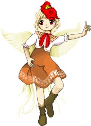 Rule 34 | 1girl, animal, animal on head, bird, bird on head, bird tail, bird wings, blonde hair, boots, chick, chicken, dress, full body, hand on own hip, multicolored hair, neck ribbon, niwatari kutaka, on head, orange dress, outstretched arm, puffy short sleeves, puffy sleeves, red eyes, red hair, ribbon, short hair, short sleeves, solo, standing, standing on one leg, tail, touhou, transparent background, wily beast and weakest creature, wings, zun (artist)