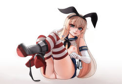 Rule 34 | 1girl, anchor hair ornament, black eyes, black neckerchief, black panties, blonde hair, blue skirt, breasts, cleft of venus, clothes lift, commentary, crossed legs, elbow gloves, english commentary, gloves, gradient background, hair ornament, hairband, highres, kantai collection, lips, long hair, neckerchief, nipples, novcel, open clothes, open shirt, panties, pussy, rudder footwear, sailor collar, shimakaze (kancolle), simple background, sitting, skirt, skirt lift, small breasts, smile, solo, striped clothes, striped thighhighs, thighhighs, underwear, unworn panties, white gloves