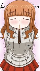 Rule 34 | 1girl, arms behind back, blunt bangs, blush, breasts, closed eyes, facing viewer, food, food in mouth, girls und panzer, grey sweater, highres, large breasts, long hair, long sleeves, miniskirt, orange hair, pink background, pocky, pocky day, pocky kiss, poinikusu, red skirt, ribbed sweater, shared food, skirt, solo, standing, sweat, sweater, takebe saori, trembling, turtleneck, turtleneck sweater, upper body