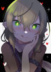 Rule 34 | 1girl, :q, black background, black shirt, blonde hair, blush, brown shirt, closed mouth, commentary, green eyes, hair between eyes, hand on own cheek, hand on own face, heart, heart-shaped pupils, highres, long bangs, looking at viewer, medium hair, mizuhashi parsee, one-hour drawing challenge, pointy ears, scarf, shirt, short sleeves, smile, solo, sparkle, split mouth, sweat, symbol-shaped pupils, tongue, tongue out, touhou, two-tone background, undershirt, upper body, white background, white scarf, yuzupon (yuzuponpon)