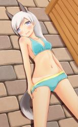 Rule 34 | 1girl, animal ears, bikini pull, blush, clothes pull, cobblestone, collarbone, eila ilmatar juutilainen, lying, midriff, navel, open mouth, pulling own clothes, purple eyes, rasielcochma, solo, strike witches, tail, tan, tanline, white hair, world witches series