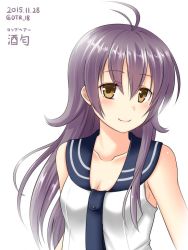 Rule 34 | 10s, 1girl, 2015, ahoge, alternate eye color, alternate hair length, alternate hairstyle, bare shoulders, breasts, brown eyes, character name, collarbone, commentary request, dated, hanazome dotera, kantai collection, long hair, purple hair, sakawa (kancolle), school uniform, serafuku, simple background, smile, solo, twitter username, upper body, white background