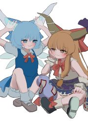 Rule 34 | 2girls, bare arms, bare legs, belt, black footwear, bloomers, blue dress, blue eyes, blue hair, bow, bowtie, brown footwear, chain, cirno, closed mouth, commentary request, detached wings, dot nose, dress, facing viewer, footwear bow, gourd, highres, horns, ibuki suika, ice, ice wings, indian style, knees up, looking at viewer, matching hair/eyes, mikan (manmarumikan), multiple girls, orange eyes, orange hair, red bow, red bowtie, ribbon-trimmed skirt, ribbon trim, shirt, short hair, short sleeves, simple background, sitting, socks, torn clothes, torn shirt, touhou, tsurime, underwear, white background, white shirt, white socks, wings, wrist cuffs