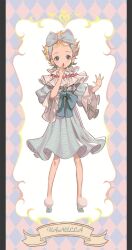Rule 34 | 1girl, anjeu (anz8888), arms up, blonde hair, blue bow, blue dress, blue eyes, blush, bow, character name, collar, commentary, dress, earrings, frilled collar, frilled dress, frills, full body, highres, jewelry, looking at viewer, pajamas, pillarboxed, short hair, sugar sugar rune, vanilla mieux