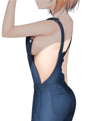 Rule 34 | 1girl, arm up, ass, bare arms, bare shoulders, blonde hair, breasts, denim, djeeta (granblue fantasy), from side, granblue fantasy, head out of frame, highres, mechanic (granblue fantasy), medium breasts, mottsun (i 40y), naked overalls, overalls, parted lips, short hair, sideboob, simple background, solo, sweat, white background