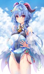 Rule 34 | 1girl, adapted costume, ahoge, alternate costume, ball, bare shoulders, beachball, bell, blue hair, blue sky, blush, breasts, cloud, cowboy shot, day, detached sleeves, ganyu (genshin impact), genshin impact, groin, halterneck, horns, long hair, looking at viewer, medium breasts, minase (dragon panda), neck bell, one-piece swimsuit, purple eyes, see-through, sidelocks, sky, smile, solo, standing, swimsuit, tassel, thighs, vision (genshin impact)
