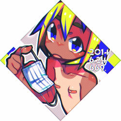 Rule 34 | 1girl, bandaid, bandaids on nipples, blue eyes, breasts, dark skin, dark-skinned female, dated, framed, halftone, hand up, holding, holding mask, looking at viewer, mask, mask (joshiraku), unworn mask, mouth mask, muroku (aimichiyo0526), one-piece tan, open mouth, original, pasties, small breasts, solo, surgical mask, tan, tanline