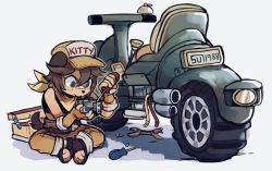 Rule 34 | 1girl, animal ears, bandaid, bandaid on face, bandaid on nose, blue eyes, blush, brown hair, brown hat, closed mouth, dog ears, dog tail, furry, furry female, hat, highres, holding, holding screwdriver, indian style, mechanic, motor vehicle, motorcycle, original, pants, saki (sui (suizilla)), sandals, screwdriver, simple background, sitting, solo, sui (suizilla), tail, white background, yellow pants