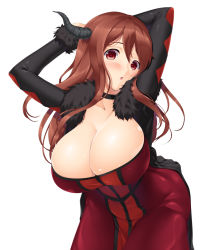 Rule 34 | 10s, 1girl, :o, arms up, blush, breasts, brown hair, choker, cleavage, demon girl, demon horns, dress, fur trim, horns, huge breasts, long hair, looking at viewer, maou (maoyuu), maoyuu maou yuusha, nakano sora, red eyes, simple background, solo, upper body, white background