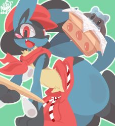 Rule 34 | 1boy, all fours, animal ears, apron, basket, blush, blush stickers, cabbie hat, clothed pokemon, creatures (company), dated, evolutionary line, fang, furry, furry male, game freak, gen 4 pokemon, green background, green outline, hand up, happy, hat, highres, holding, jpeg artifacts, looking at viewer, lucario, male focus, neckerchief, nintendo, nyaswitchnya, open mouth, outline, pokemon, pokemon (creature), pokemon cafe remix, red eyes, red hat, red neckerchief, ribbon, riolu, signature, simple background, smile, solo, spikes, tail, tray, white outline, wolf ears, wolf tail