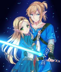 Rule 34 | 1boy, 1girl, absurdres, black gloves, blonde hair, blue eyes, blue shirt, breasts, bridal gauntlets, clenched teeth, closed mouth, elf, fingerless gloves, gloves, glowing, glowing sword, glowing weapon, green eyes, hair between eyes, hand on another&#039;s waist, highres, holding, holding sword, holding weapon, link, long hair, looking at viewer, master sword, nintendo, parted bangs, pointy ears, ponytail, princess zelda, protecting, serious, shirt, short hair, sword, teeth, the legend of zelda, the legend of zelda: breath of the wild, v-shaped eyebrows, weapon, wrist wrap, yaya chan
