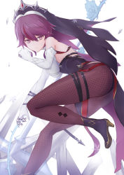 Rule 34 | 1girl, absurdres, bare shoulders, boots, chonn, claw ring, claws, elbow gloves, fishnet pantyhose, fishnets, genshin impact, gloves, half-closed eyes, high heel boots, high heels, highres, legs, looking at viewer, nun, pantyhose, purple eyes, purple hair, rosaria (genshin impact), solo, veil