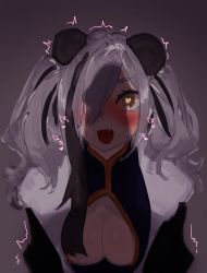 Rule 34 | 1girl, arknights, black background, black dress, black hair, blush, breasts, cleavage, commentary request, dress, fang, feater (arknights), grey hair, hair over one eye, heart, heart-shaped pupils, highres, long hair, looking at viewer, medium breasts, mirin chikuwa, multicolored hair, open mouth, penis awe, penis shadow, simple background, solo, streaked hair, sweatdrop, symbol-shaped pupils, twintails, upper body, yellow eyes