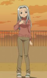 Rule 34 | 1girl, blush, building, closed mouth, cloud, dot nose, evening, grey eyes, grey hair, hand on own chest, hidamari sketch, highres, long hair, orange sky, outdoors, pants, power lines, riri (hidamari sketch), sandals, sky, smile, socks, solo, standing, stitched, sweater, third-party edit, utility pole, white socks