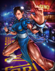 Rule 34 | 1girl, aioras, boots, bracelet, breasts, brown hair, bun cover, capcom, cheekbones, china dress, chinese clothes, chun-li, cristian melian, double bun, dress, fighting stance, foreshortening, hair bun, highres, jewelry, large breasts, muscular, muscular female, pantyhose, pelvic curtain, realistic, sash, spiked bracelet, spikes, street fighter, thick thighs, thighs