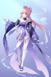 Rule 34 | 1girl, absurdres, bare shoulders, blue bow, blue hair, blunt bangs, bow, breasts, choker, cleavage, detached sleeves, dress, frilled choker, frills, full body, gem, genshin impact, gloves, gradient hair, highres, japanese clothes, jellyfish, long hair, long sleeves, looking at viewer, low twintails, medium breasts, miko, moonct, multicolored hair, orange hair, pink hair, purple dress, sandals, sangonomiya kokomi, simple background, solo, standing, standing on one leg, streaked hair, thighhighs, twintails, underwater, very long hair, vision (genshin impact), watercraft, white gloves