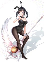 Rule 34 | 1girl, absurdres, animal ears, black hair, black pantyhose, bow, bowtie, breasts, cenangam, detached collar, facial mark, fake animal ears, fishnet pantyhose, fishnets, highres, leotard, magical girl, medium breasts, open mouth, original, pantyhose, playboy bunny, purple eyes, rabbit ears, shadow, short hair, smile, solo, staff, star (symbol), star facial mark, twintails, wings, wrist cuffs