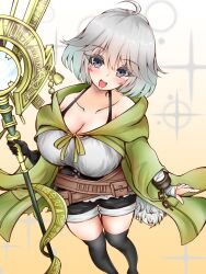 Rule 34 | 1girl, ahoge, black katekin, blush, breasts, cleavage, duel monster, green robe, grey eyes, holding, holding staff, large breasts, looking at viewer, lyna (yu-gi-oh!), lyna the light charmer, open mouth, robe, short hair, shorts, smile, solo, staff, thighhighs, white hair, yu-gi-oh!
