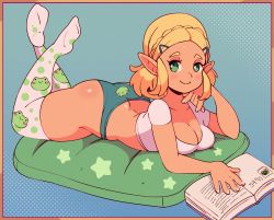 Rule 34 | 1girl, animal print, artist request, ass, blonde hair, blue background, blush, book, border, breasts, butt crack, cleavage, collarbone, curvy, elf, frog print, green eyes, highres, looking at viewer, lying, medium breasts, nintendo, on stomach, panties, pillow, pointy ears, princess, princess zelda, shirt, solo, star (symbol), the legend of zelda, the legend of zelda: breath of the wild, the legend of zelda: tears of the kingdom, the pose, thick thighs, thighs, underwear, white shirt