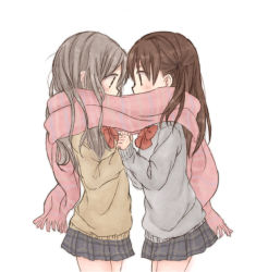 Rule 34 | 2girls, blush, brown eyes, brown hair, covered mouth, kiri (hakobato), long hair, looking at another, multiple girls, original, scarf, school uniform, shared clothes, shared scarf, silver hair, skirt, sweater, yuri