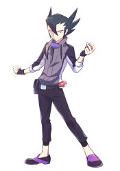 Rule 34 | 1boy, belt, belt buckle, black gloves, black hair, black pants, buckle, clenched hand, closed mouth, commentary request, creatures (company), fingerless gloves, full body, game freak, gloves, grimsley (pokemon), hair between eyes, highres, holding, holding poke ball, light smile, male focus, momoji (lobolobo2010), nintendo, pants, poke ball, poke ball (basic), pokemon, pokemon bw, shoes, solo, standing